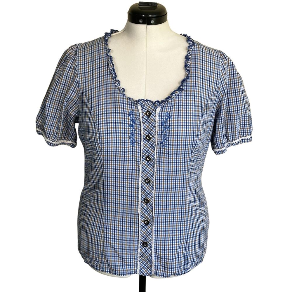 Spieth & Wensky EU 44 Feuerlaune Blue Gingham Trachten Blouse Octoberfest Tyrol - Picture 4 of 16